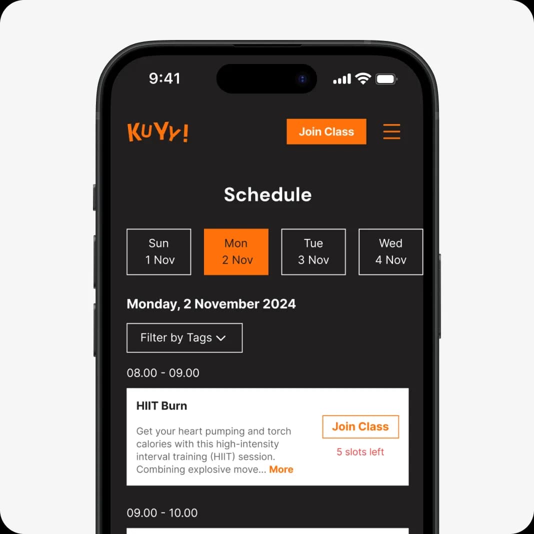 Tampilan jadwal kelas dan aktivitas di website KUYY! untuk Bisnis